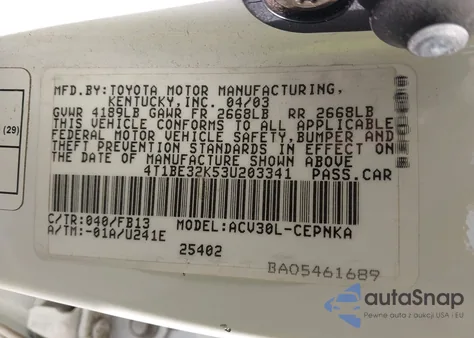 2003 Toyota Camry Le z USA, uszkodzony, nr VIN 4T1BE32K53U203341